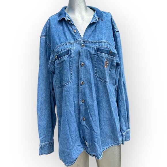 Levis Vintage Blue Denim Embroidered Button Down Long Sleeve Shirt - Picture 2 of 12